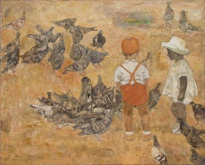 子供と鳩画像
