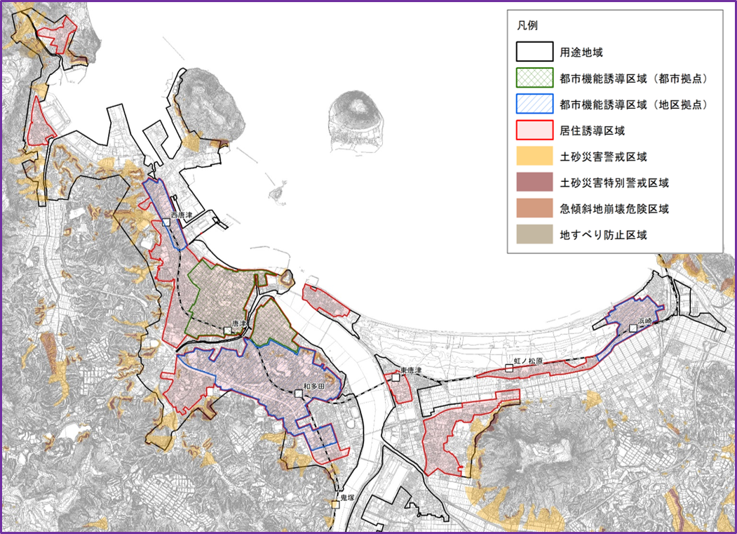 唐津市の居住誘導区域と都市機能誘導区域図