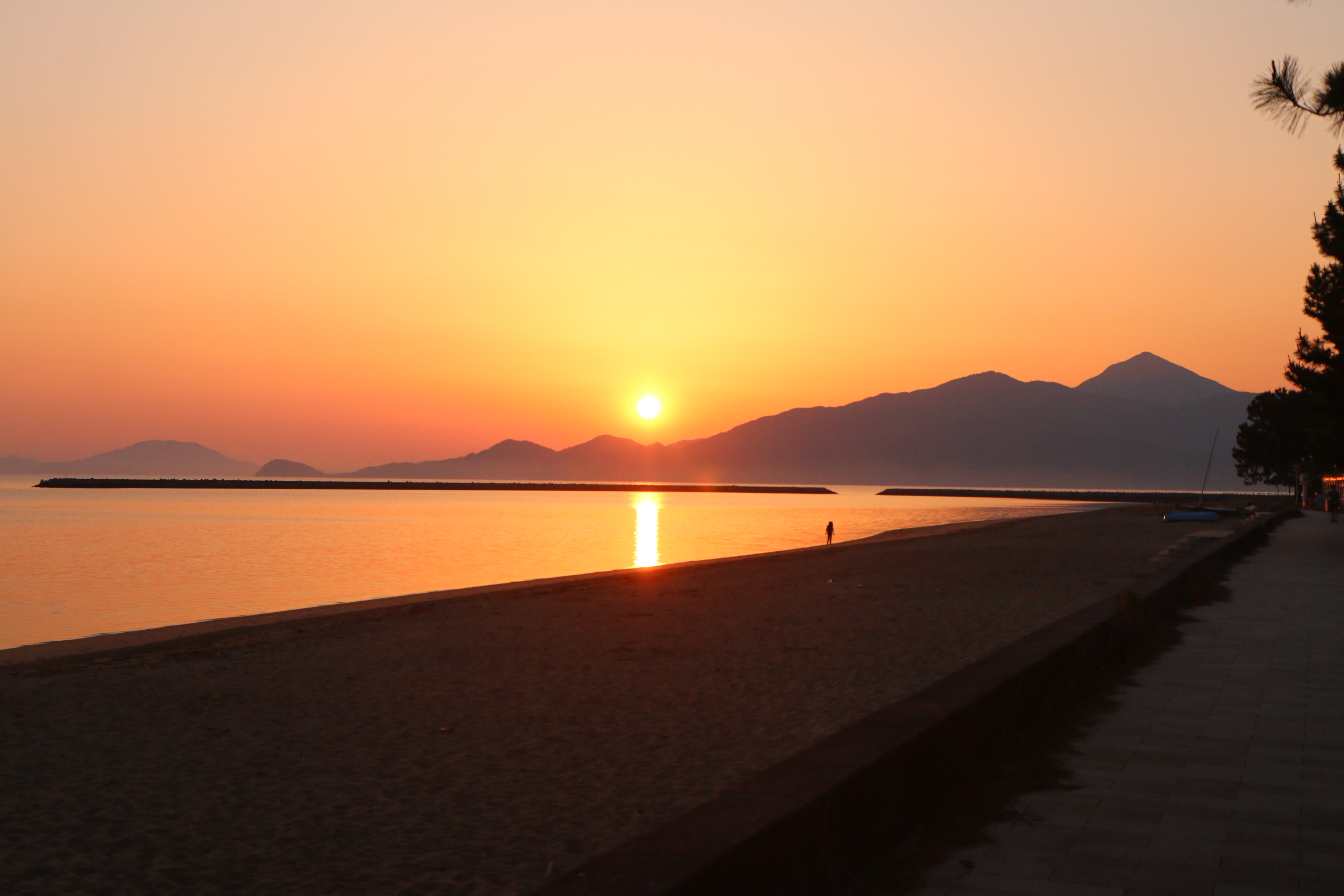 朝日に染まる西の浜