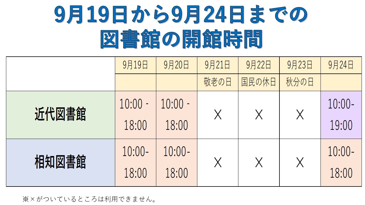 9月19日から9月24日までの図書館の開館時間です。