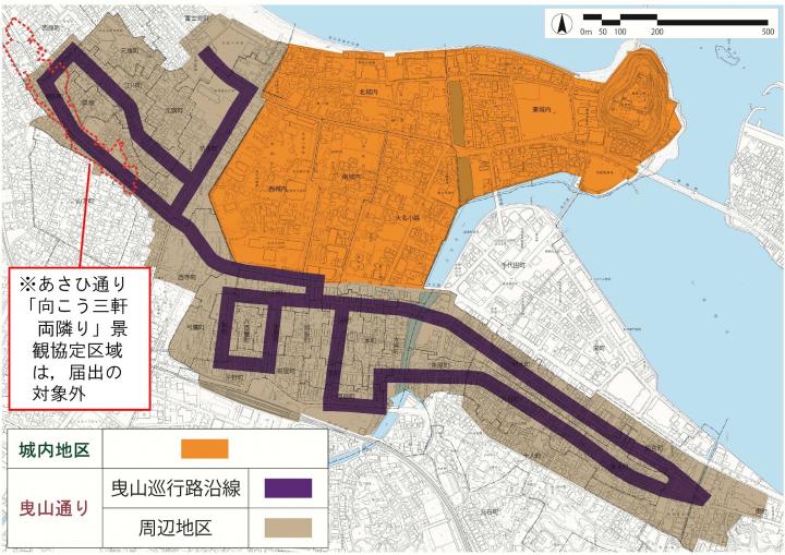 城内地区・曳山通り景観まちづくりの区域図の画像